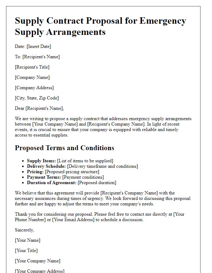 Letter template of supply contract proposal for emergency supply arrangements