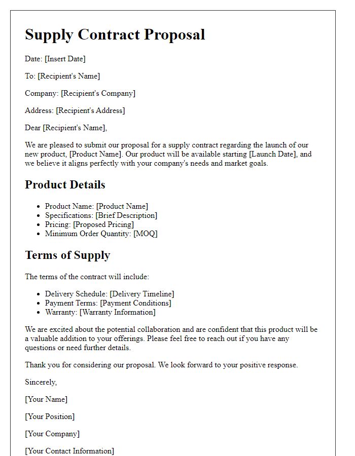 Letter template of supply contract proposal for new product launch