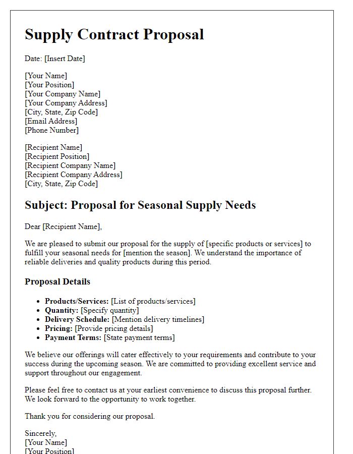 Letter template of supply contract proposal for seasonal supply needs