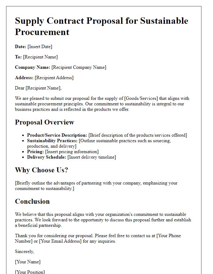 Letter template of supply contract proposal for sustainable procurement