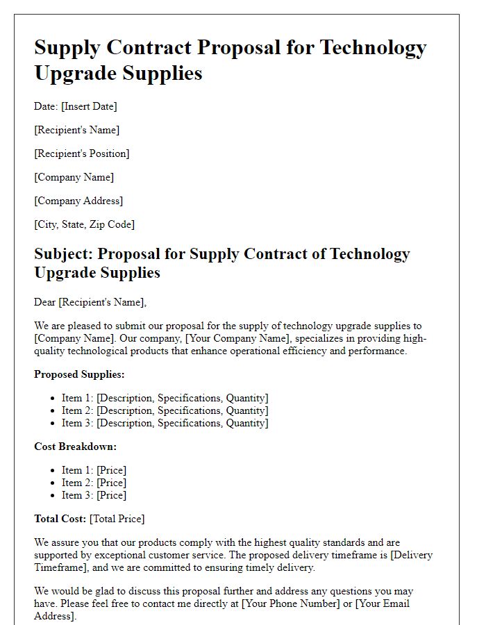 Letter template of supply contract proposal for technology upgrade supplies