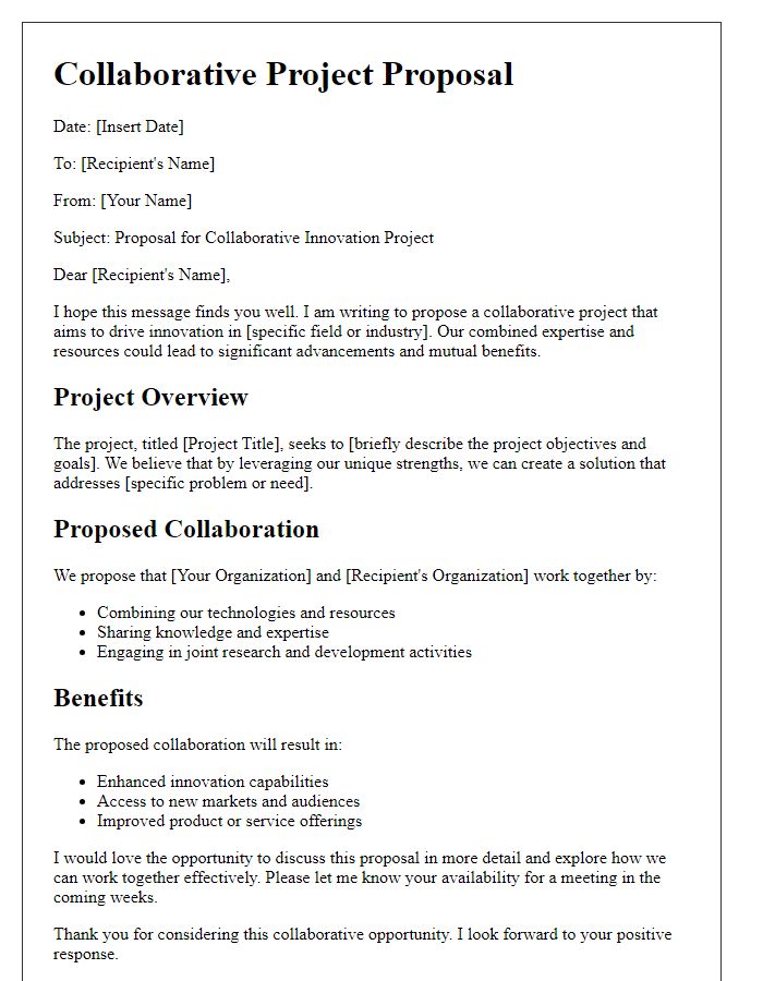 Letter template of collaborative project pitch for innovation