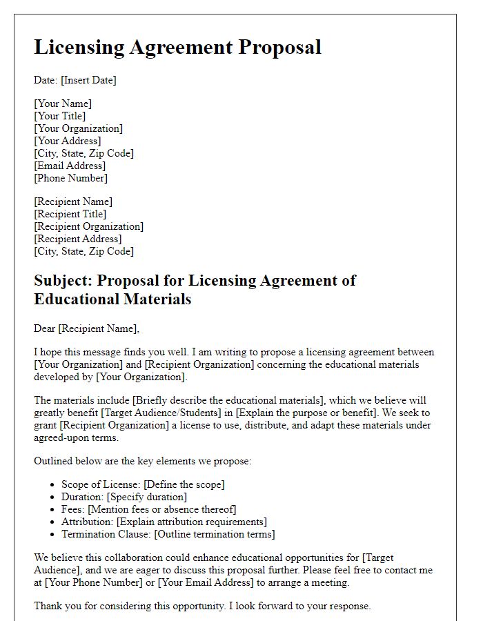 Letter template of licensing agreement proposal for educational materials.