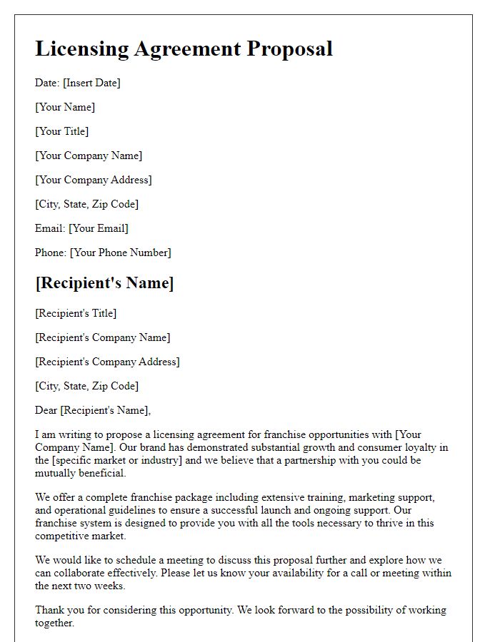 Letter template of licensing agreement proposal for franchise opportunities.