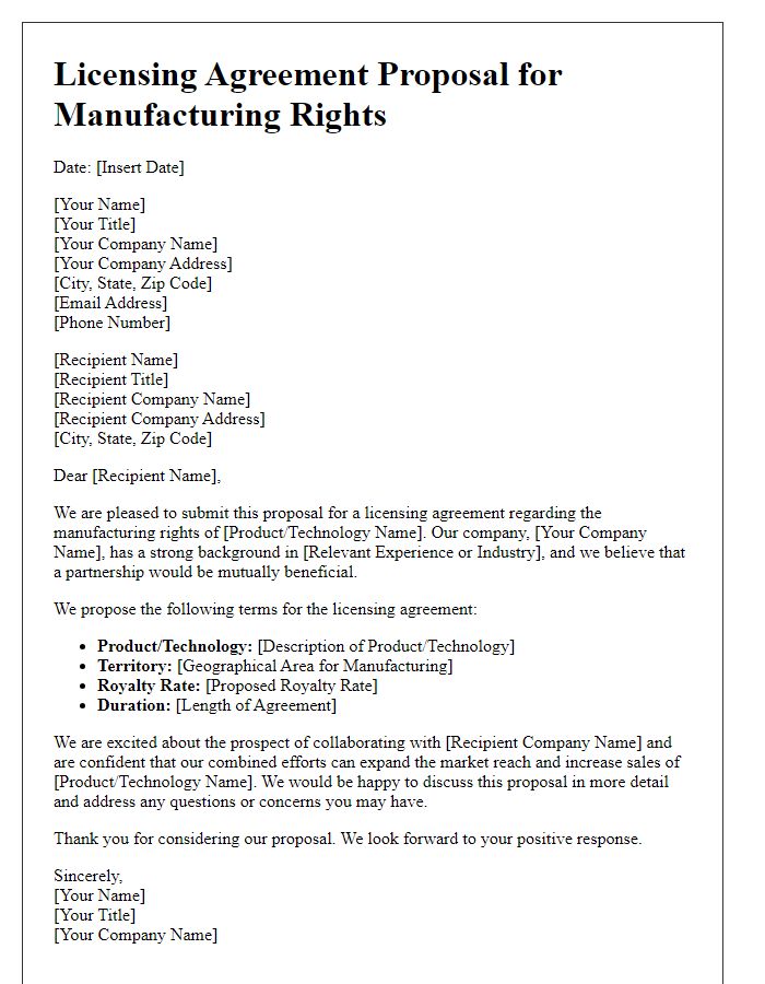 Letter template of licensing agreement proposal for manufacturing rights.