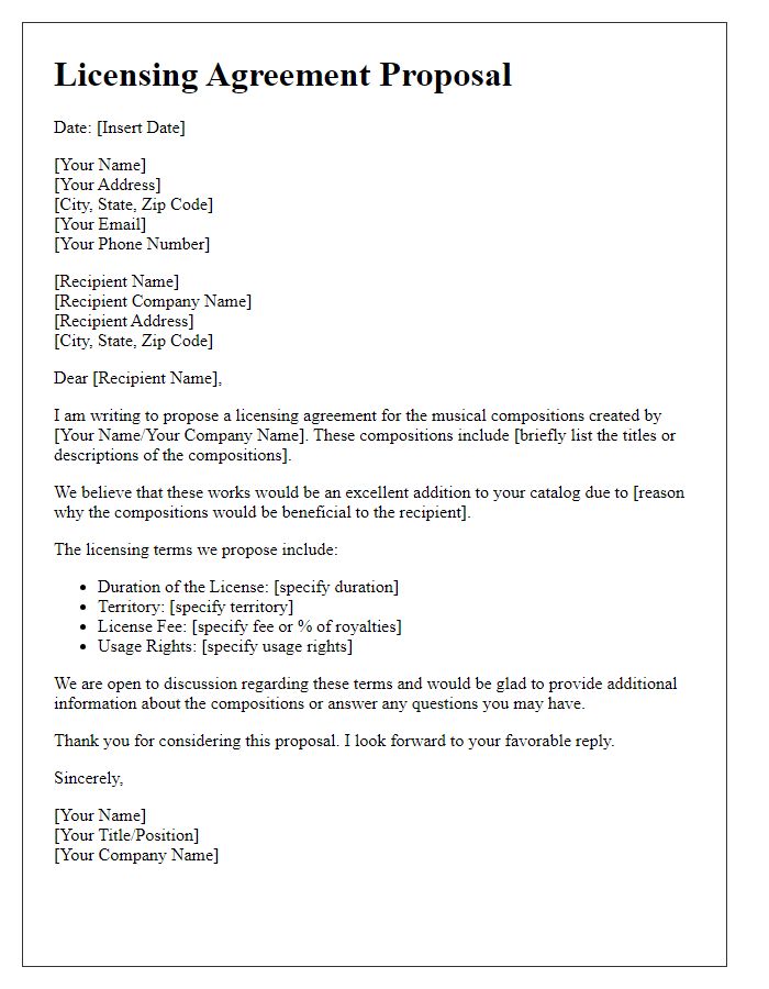 Letter template of licensing agreement proposal for musical compositions.