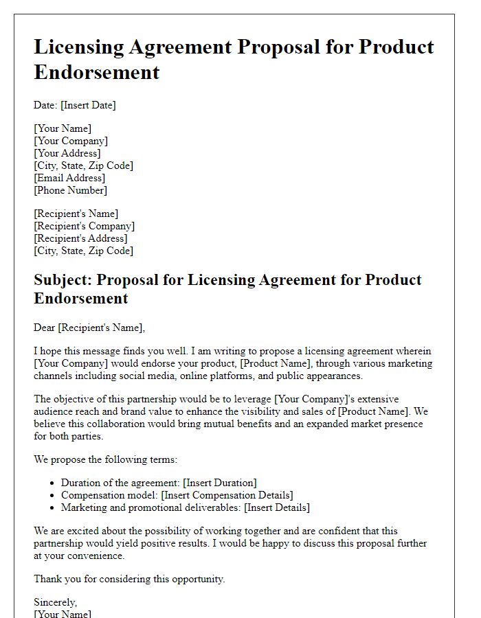 Letter template of licensing agreement proposal for product endorsement.