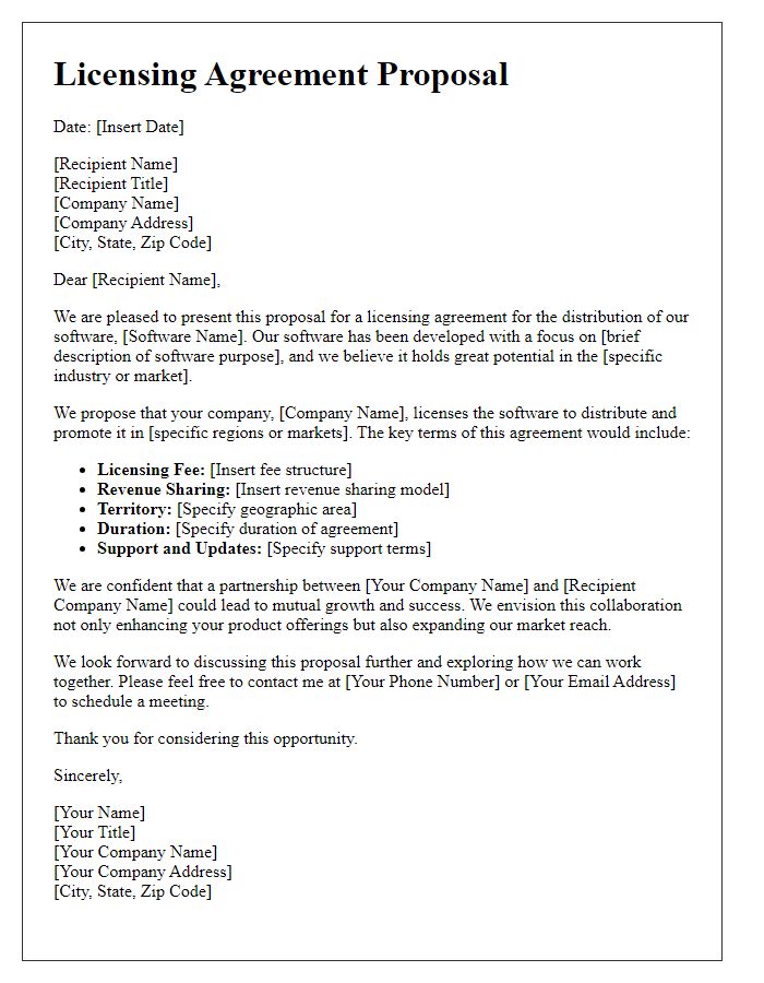 Letter template of licensing agreement proposal for software distribution.