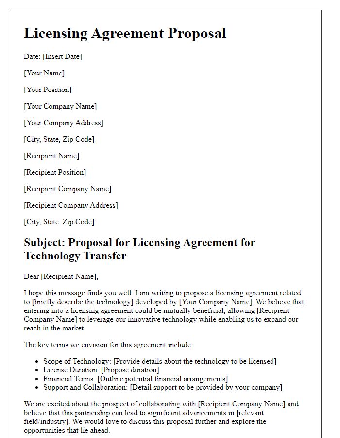 Letter template of licensing agreement proposal for technology transfer.