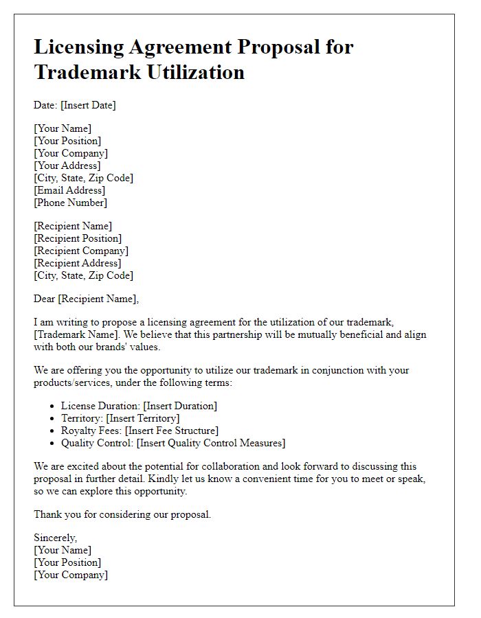 Letter template of licensing agreement proposal for trademark utilization.