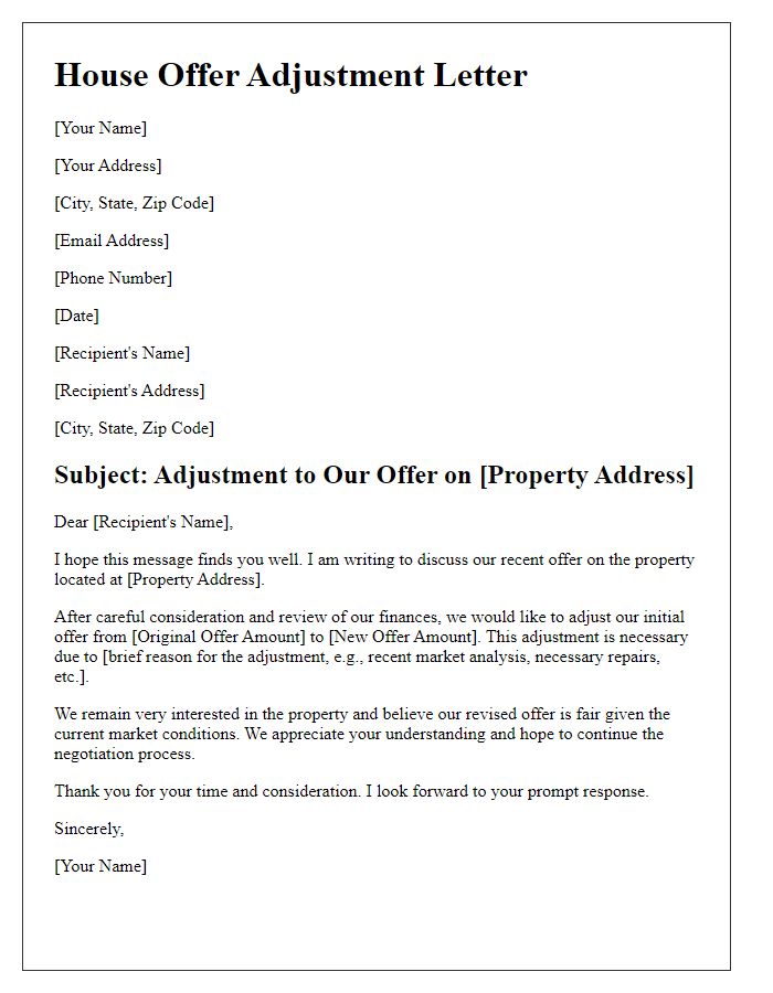 Letter template of house offer adjustment