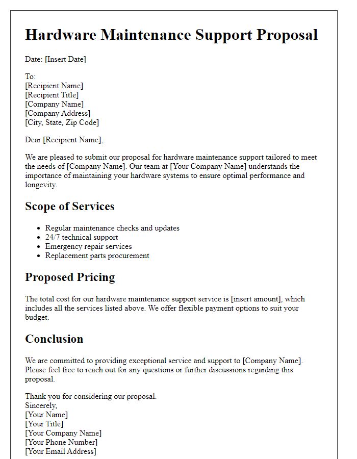 Letter template of hardware maintenance support proposal