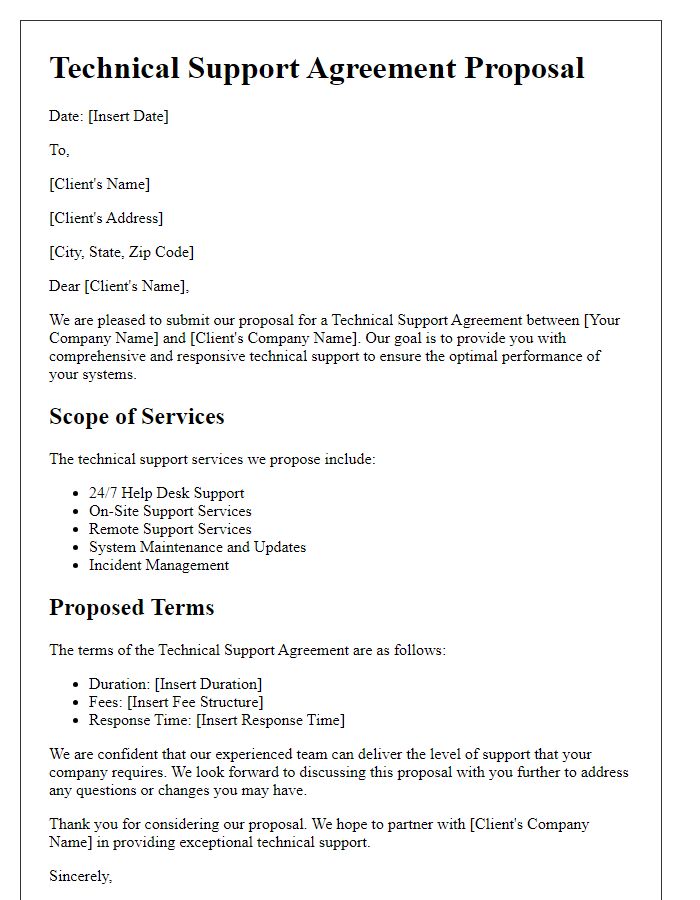 Letter template of technical support agreement proposal