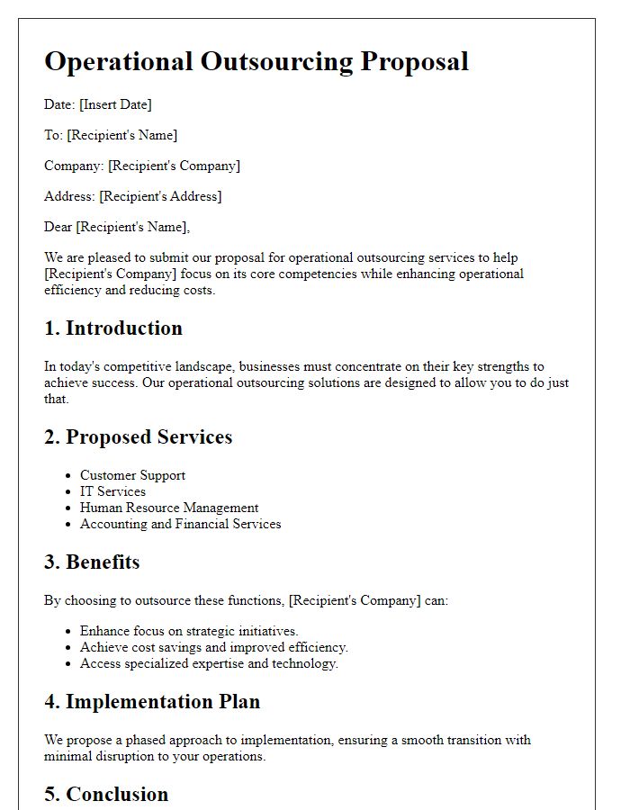 Letter template of operational outsourcing proposal for focus on core competencies.