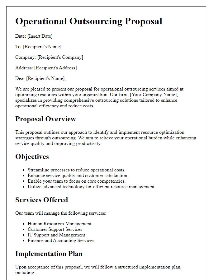 Letter template of operational outsourcing proposal for resource optimization.