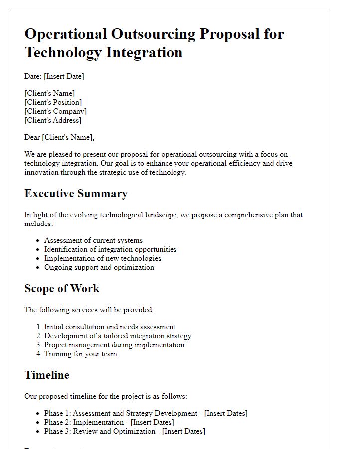 Letter template of operational outsourcing proposal for technology integration.