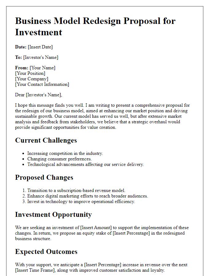 Letter template of business model redesign proposal for investment