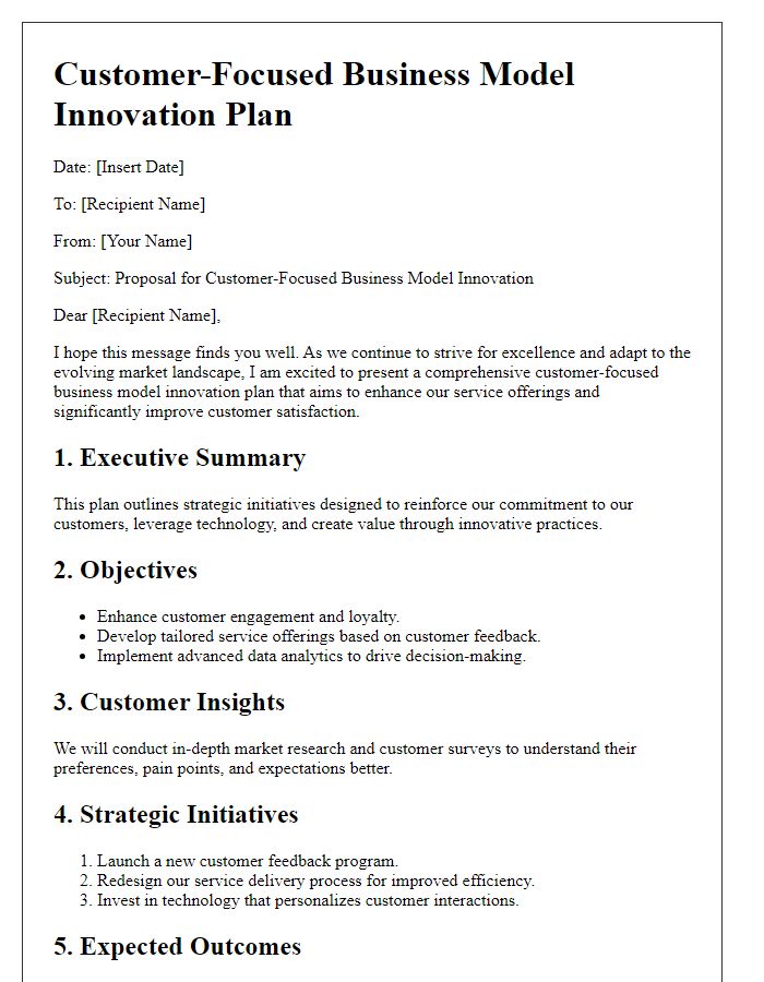 Letter template of customer-focused business model innovation plan