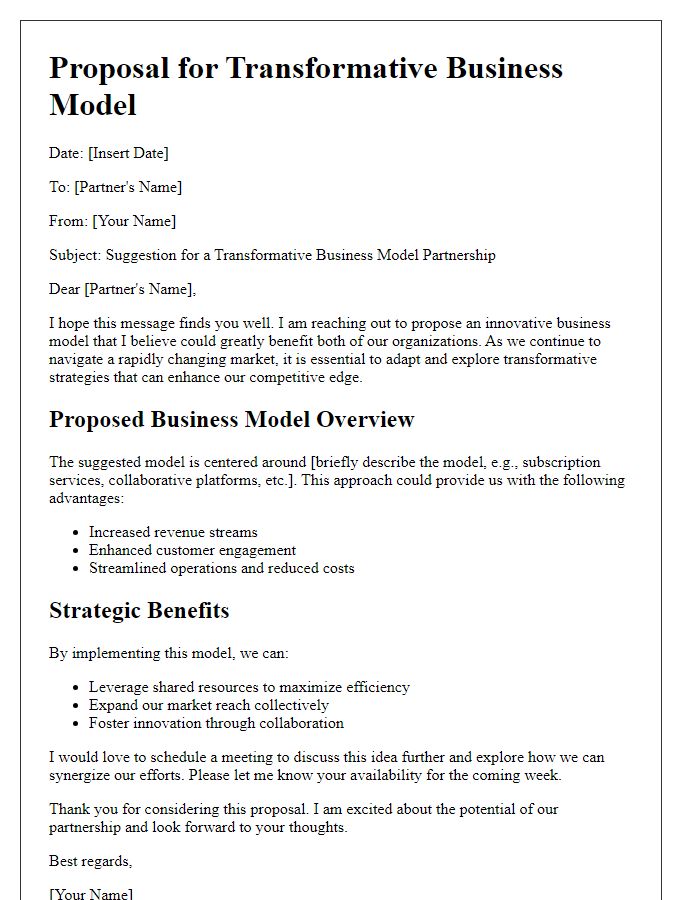 Letter template of transformative business model suggestion for partners