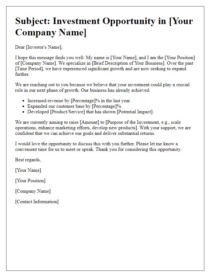 Letter template of business growth investment pitch