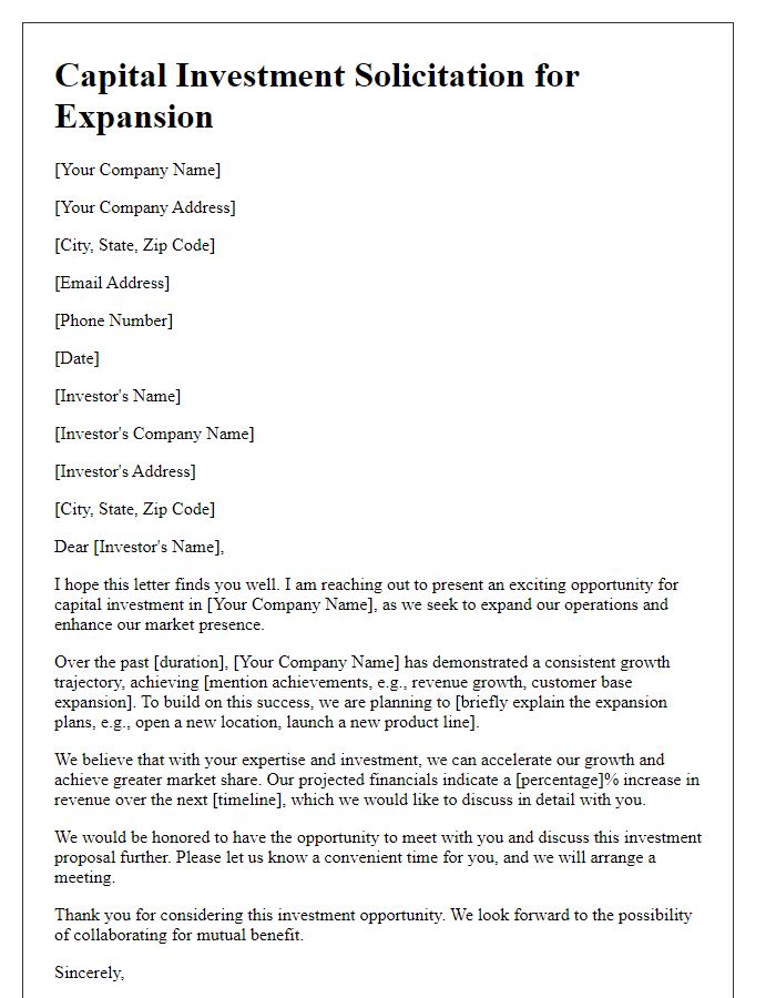 Letter template of capital investment solicitation for expansion