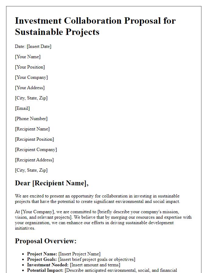 Letter template of investment collaboration proposal for sustainable projects