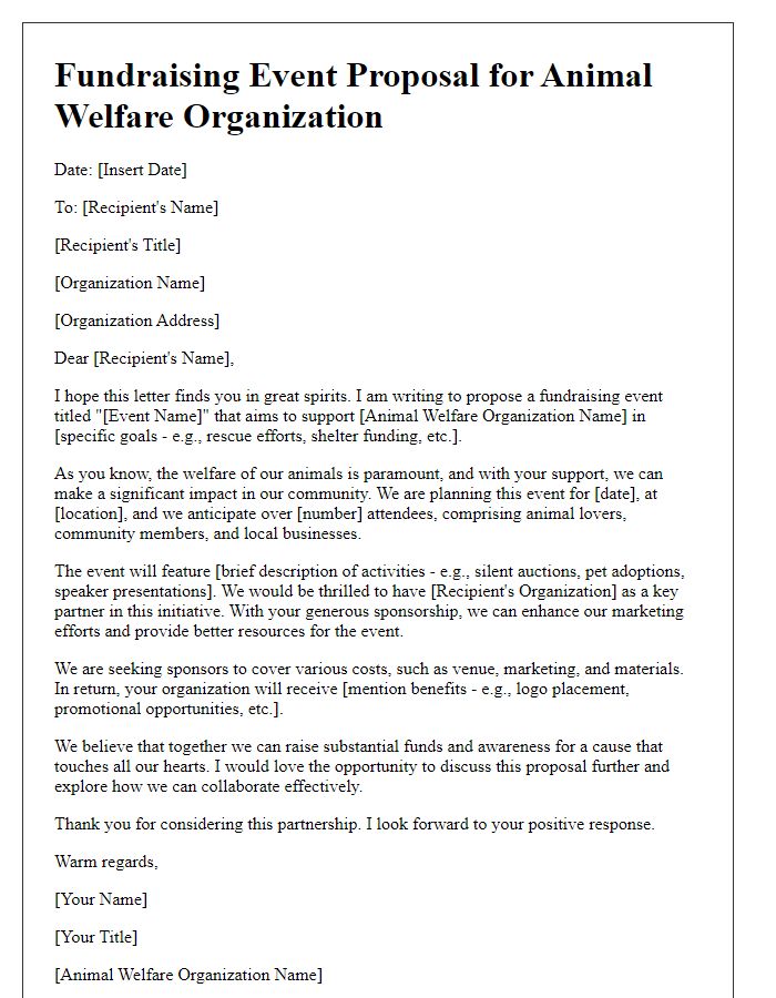 Letter template of fundraising event proposal for animal welfare organization.