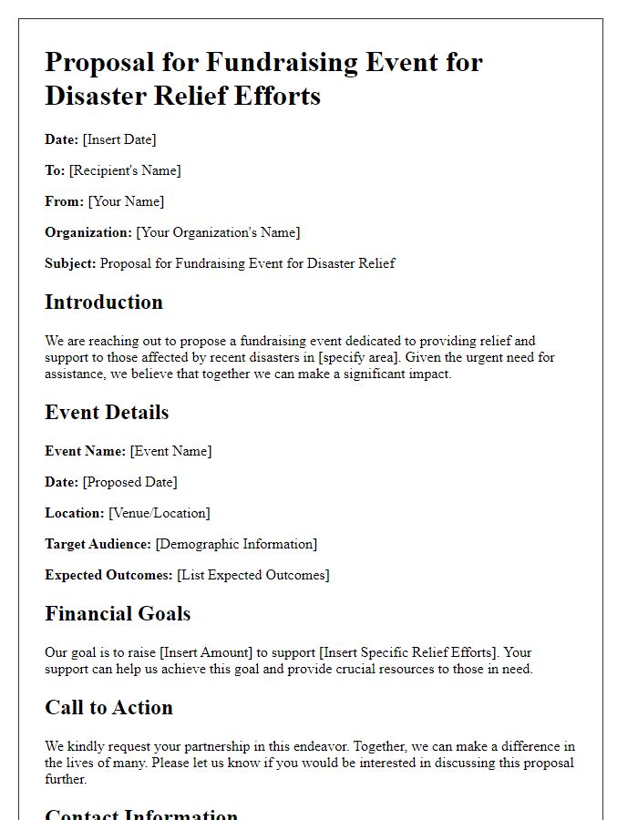 Letter template of fundraising event proposal for disaster relief efforts.