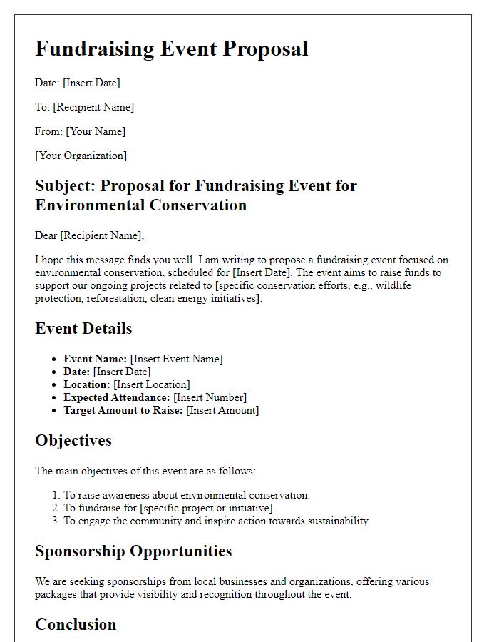 Letter template of fundraising event proposal for environmental conservation.