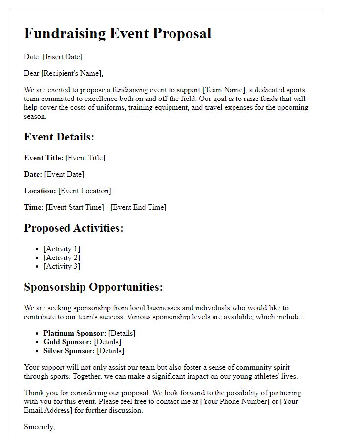 Letter template of fundraising event proposal for sports team support.