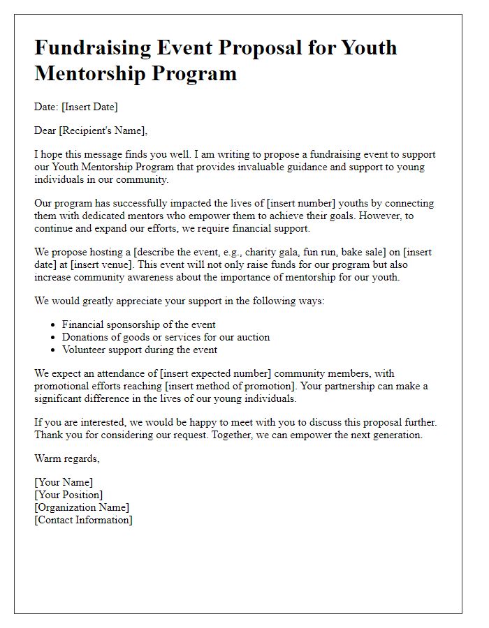 Letter template of fundraising event proposal for youth mentorship program.