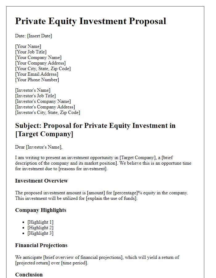 Letter template of private equity investment proposal