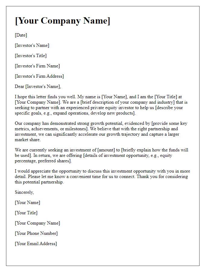 Letter template of private equity investor pitch