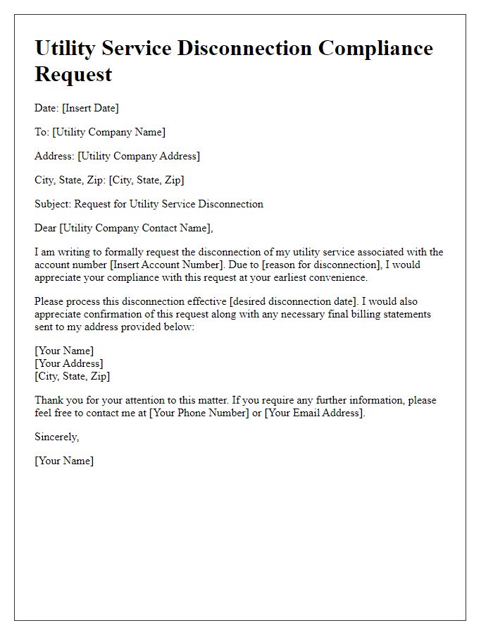 Letter template of compliance request for utility service disconnection