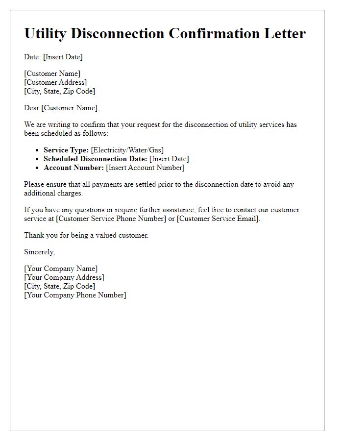 Letter template of confirmation for scheduled utility disconnection