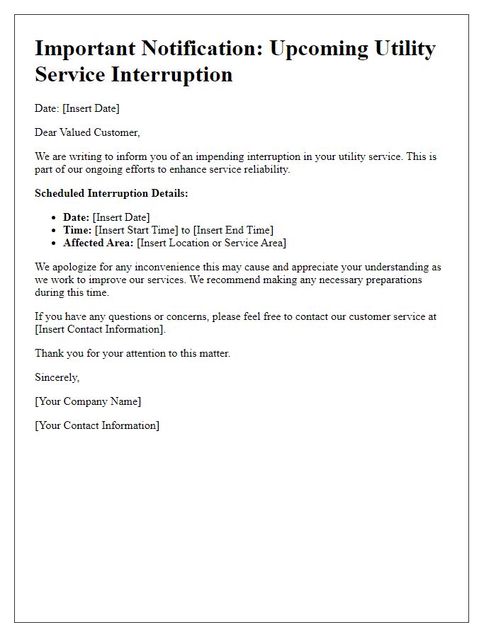 Letter template of customer notification for impending utility service interruption