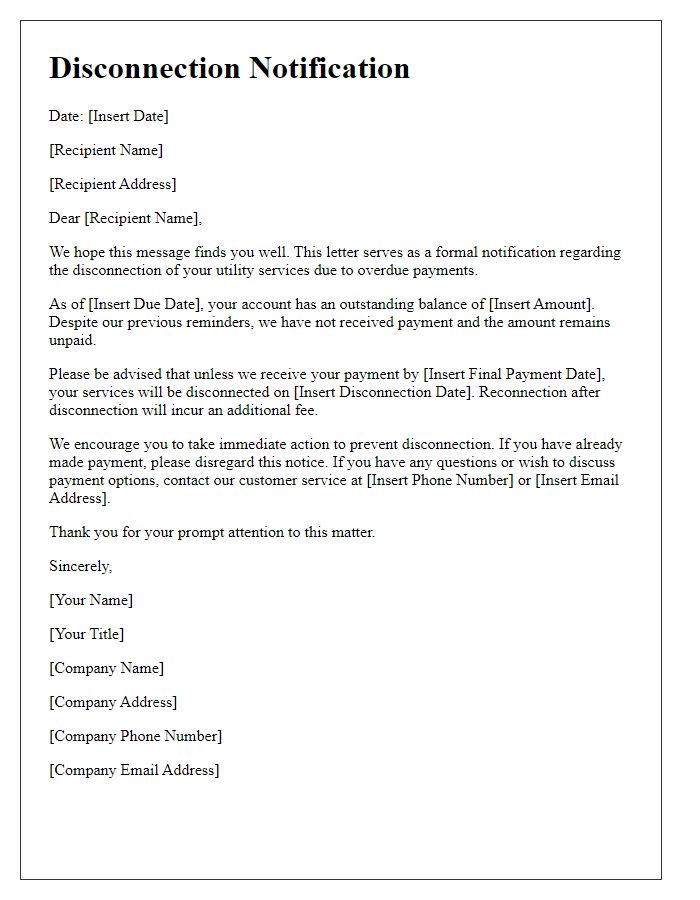 Letter template of disconnection notification for overdue utility payments