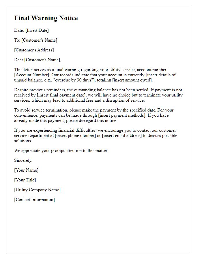 Letter template of final warning for utility service termination