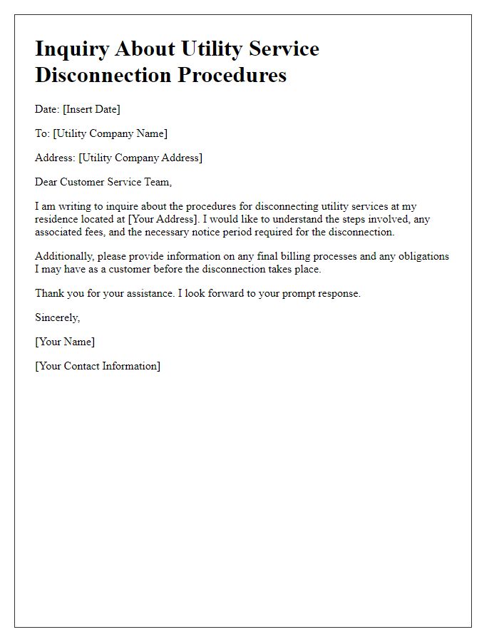 Letter template of inquiry about utility service disconnection procedures