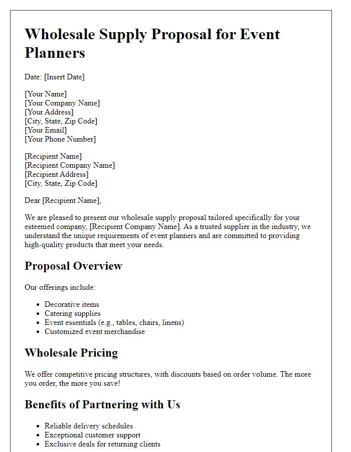 Letter template of wholesale supply proposal for event planners