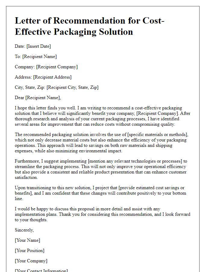 Letter template of cost-effective packaging solution recommendation