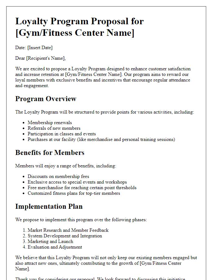 Letter template of loyalty program proposal for gyms and fitness centers