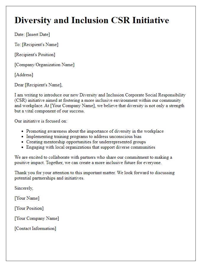 Letter template of diversity and inclusion CSR initiative