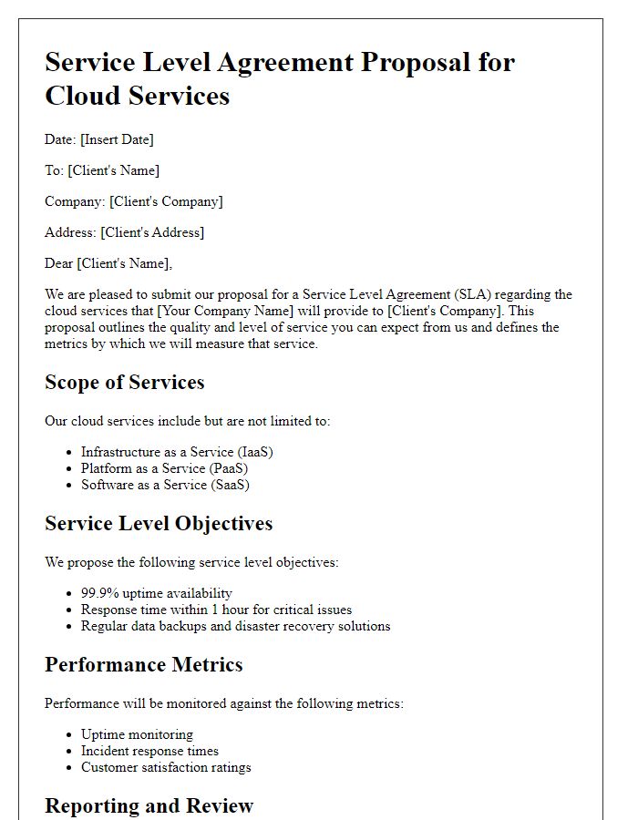 Letter template of service level agreement proposal for cloud services