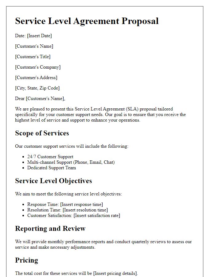 Letter template of service level agreement proposal for customer support