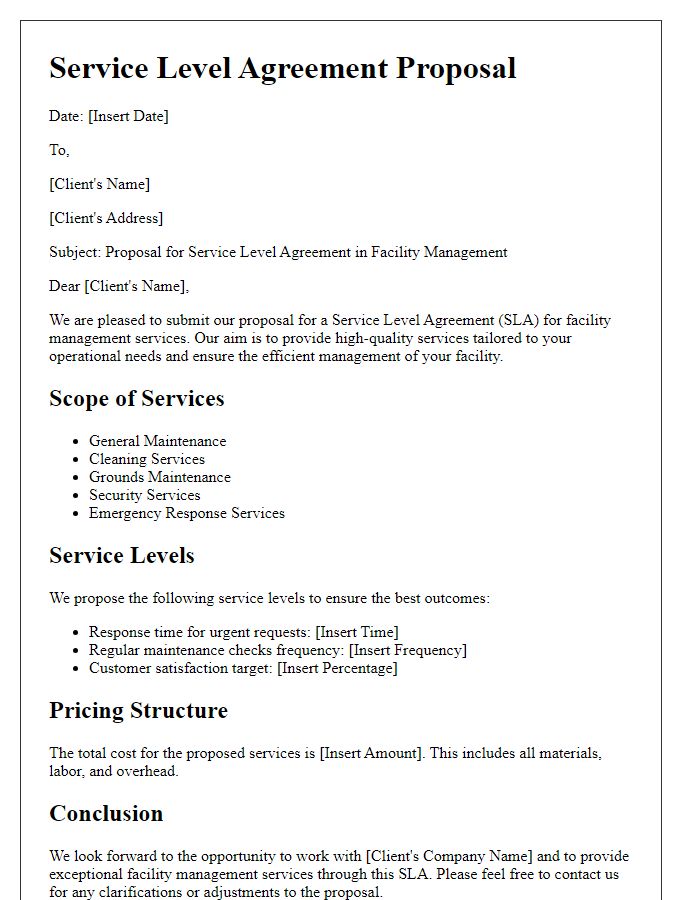 Letter template of service level agreement proposal for facility management