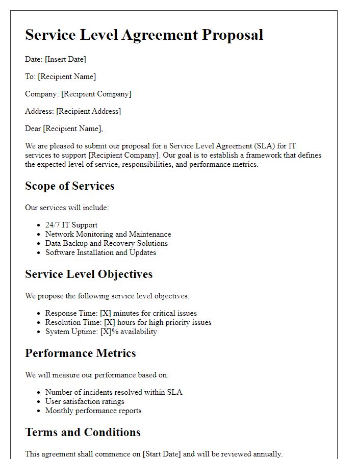 Letter template of service level agreement proposal for IT services