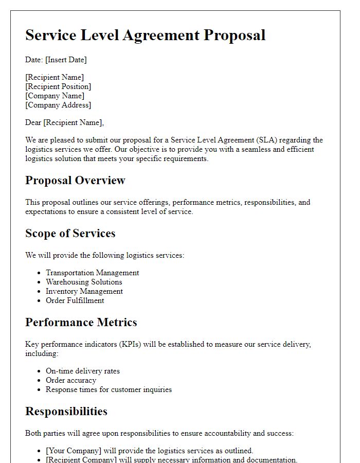 Letter template of service level agreement proposal for logistics services