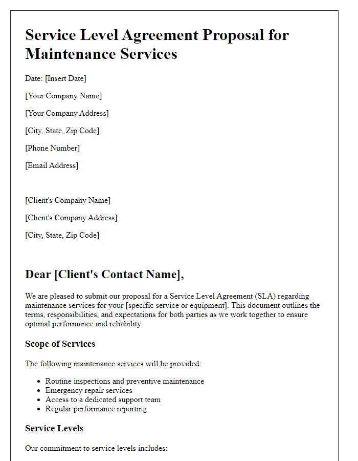 Letter template of service level agreement proposal for maintenance services