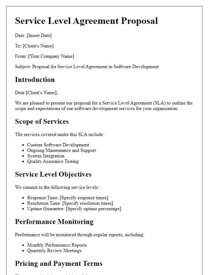 Letter template of service level agreement proposal for software development